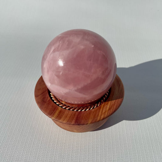 Rose Quartz Sphere with Tensor Ring Cedar Wood Stand