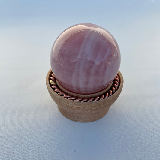 Rose Quartz Sphere with Tensor Ring Maple Wood Stand